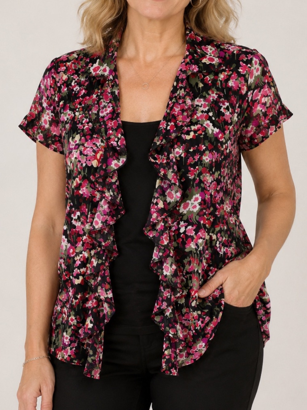 TanJay Petites Floral Ruffle Open Front Blouse Women’s 6P